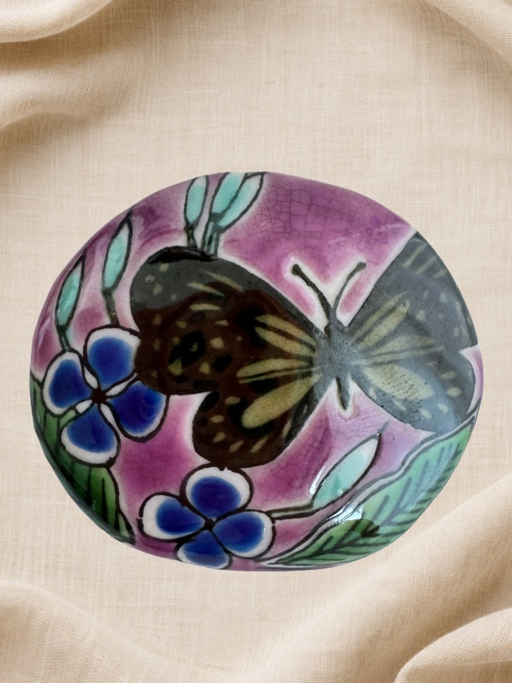 Vintage Japanese Kutani Porcelain Brooch Butterfly Orchid Purple Ceramic Pin